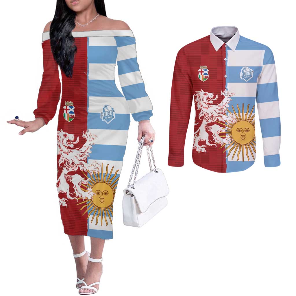 Custom British Lions Argentina Couples Matching Off The Shoulder Long Sleeve Dress and Long Sleeve Button Shirt Unique Style - Wonder Print Shop