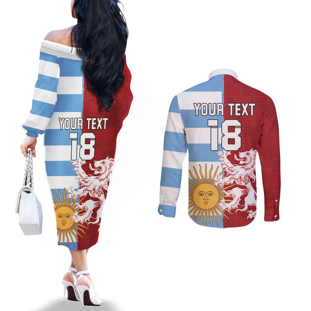 Custom British Lions Argentina Couples Matching Off The Shoulder Long Sleeve Dress and Long Sleeve Button Shirt Unique Style - Wonder Print Shop