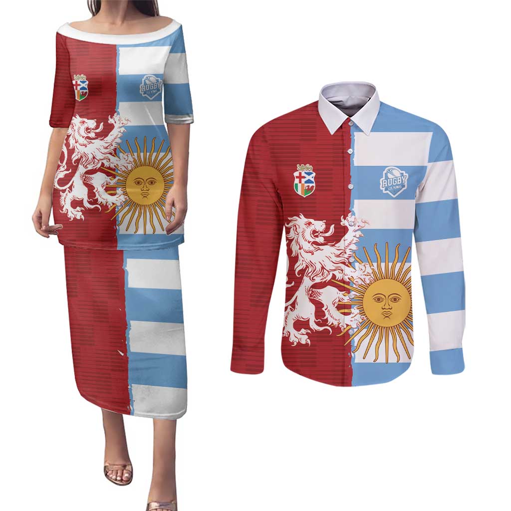 Custom British Lions Argentina Couples Matching Puletasi and Long Sleeve Button Shirt Unique Style - Wonder Print Shop
