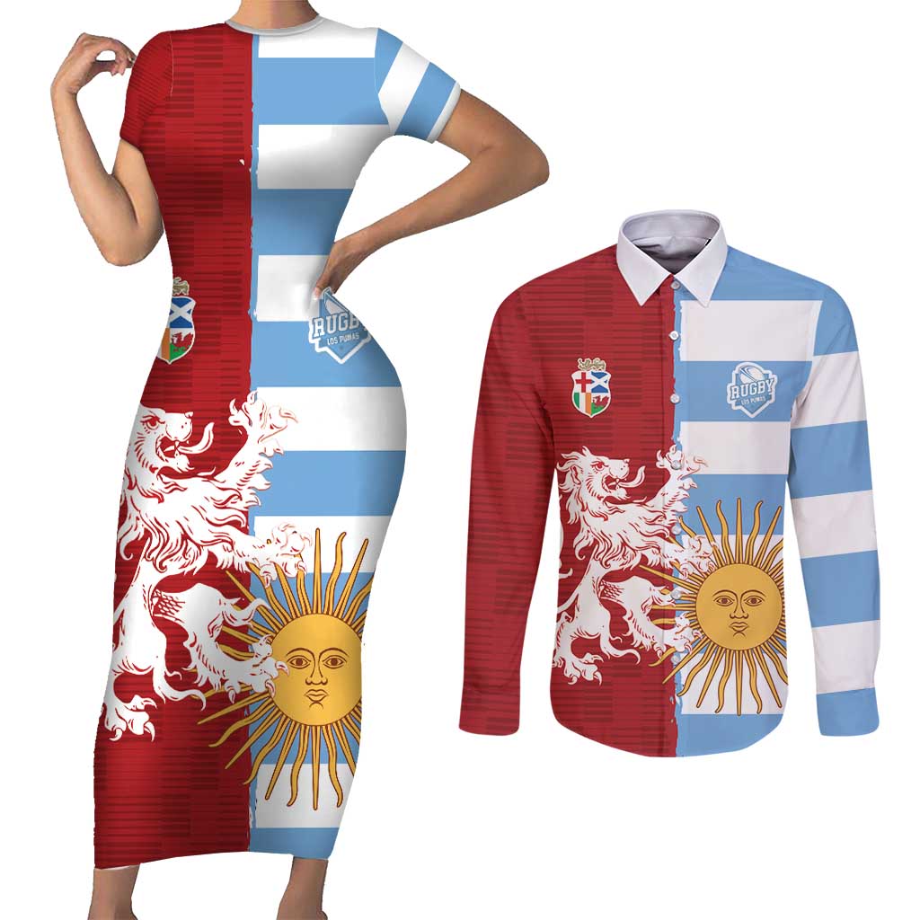 Custom British Lions Argentina Couples Matching Short Sleeve Bodycon Dress and Long Sleeve Button Shirt Unique Style - Wonder Print Shop