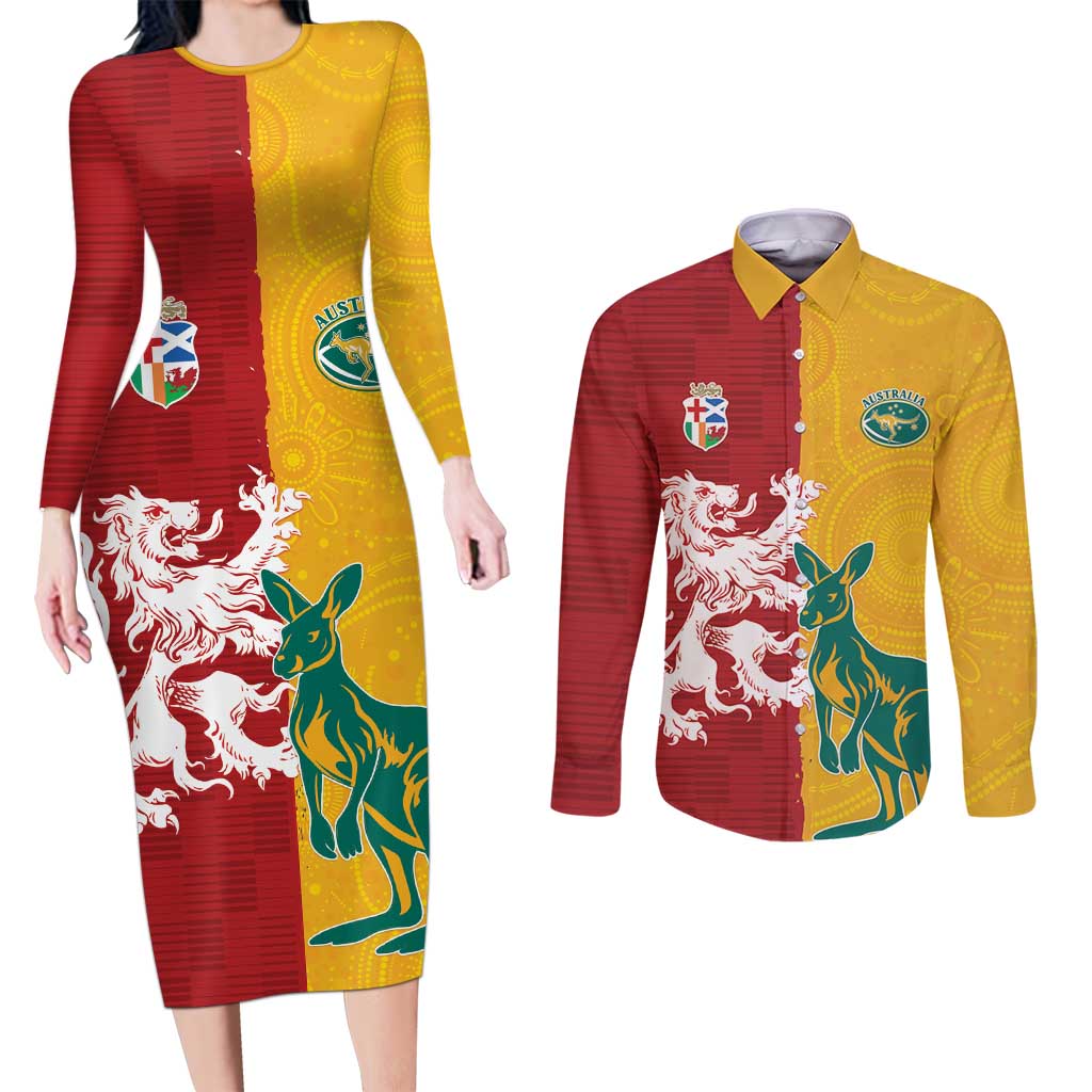 Custom British Lions Australia Couples Matching Long Sleeve Bodycon Dress and Long Sleeve Button Shirt Unique Style - Wonder Print Shop
