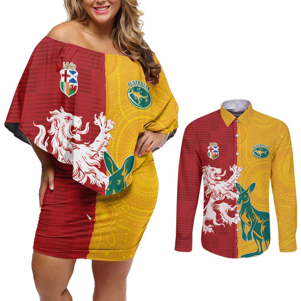 Custom British Lions Australia Couples Matching Off Shoulder Short Dress and Long Sleeve Button Shirt Unique Style - Wonder Print Shop