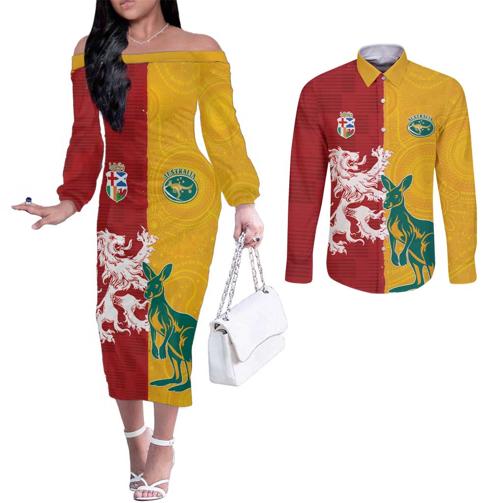 Custom British Lions Australia Couples Matching Off The Shoulder Long Sleeve Dress and Long Sleeve Button Shirt Unique Style - Wonder Print Shop