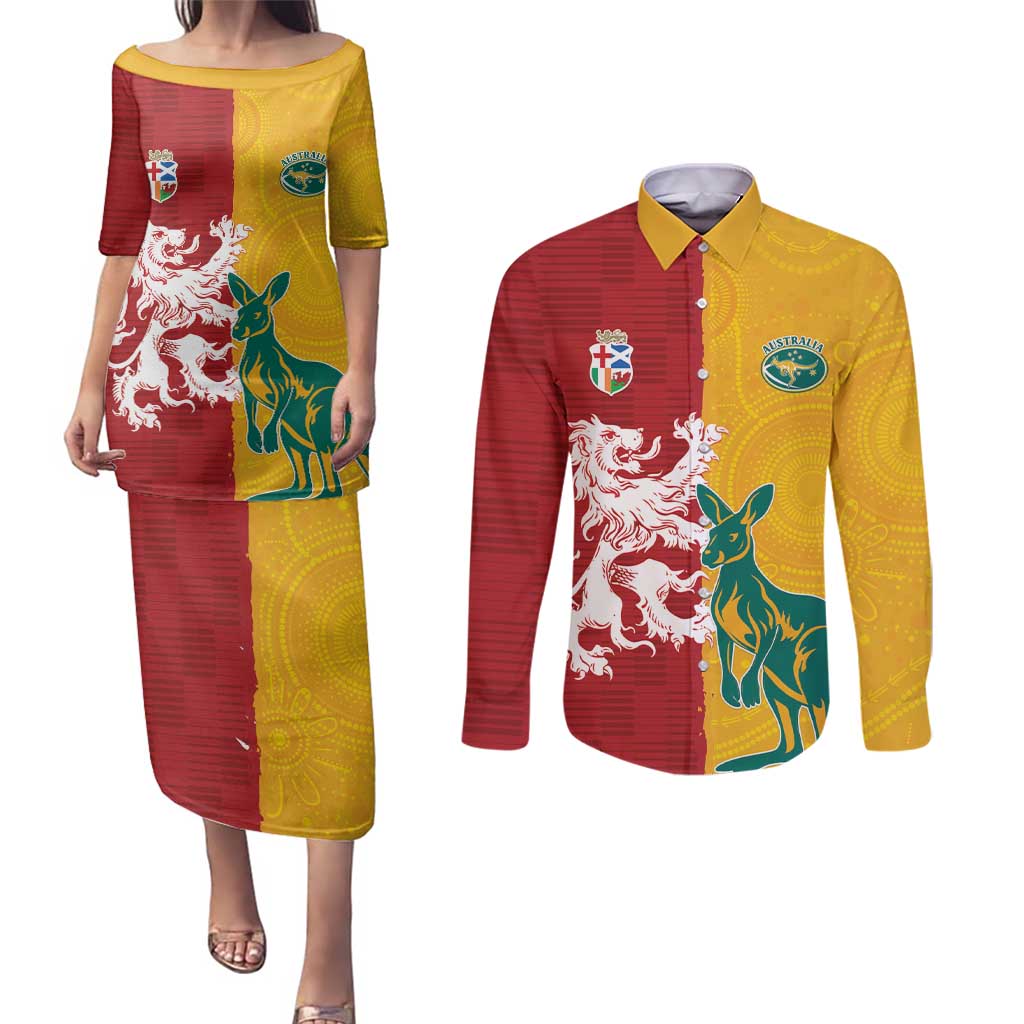 Custom British Lions Australia Couples Matching Puletasi and Long Sleeve Button Shirt Unique Style - Wonder Print Shop