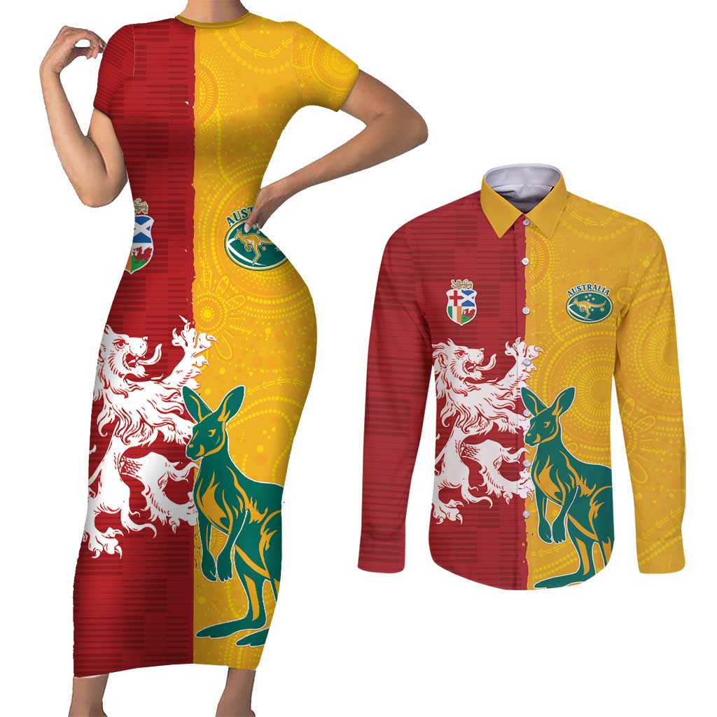 Custom British Lions Australia Couples Matching Short Sleeve Bodycon Dress and Long Sleeve Button Shirt Unique Style - Wonder Print Shop