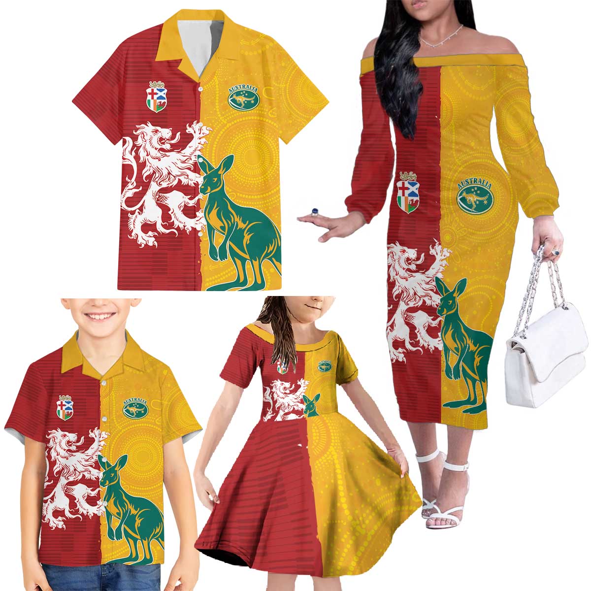 Custom British Lions Australia Family Matching Off The Shoulder Long Sleeve Dress and Hawaiian Shirt Unique Style - Wonder Print Shop