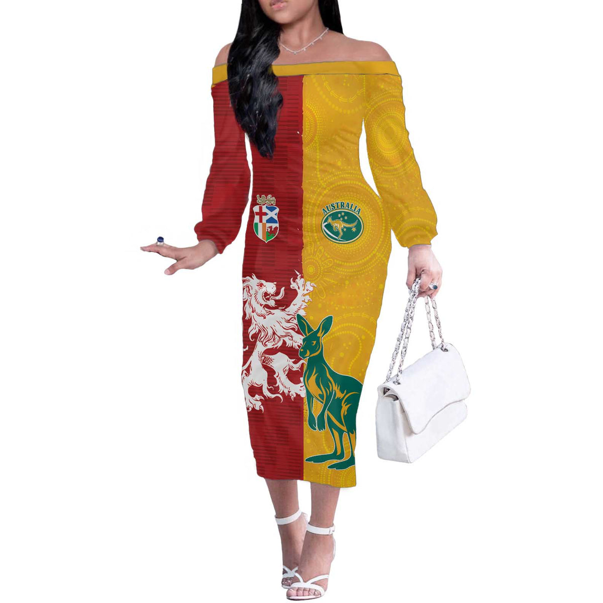 Custom British Lions Australia Off The Shoulder Long Sleeve Dress Unique Style - Wonder Print Shop