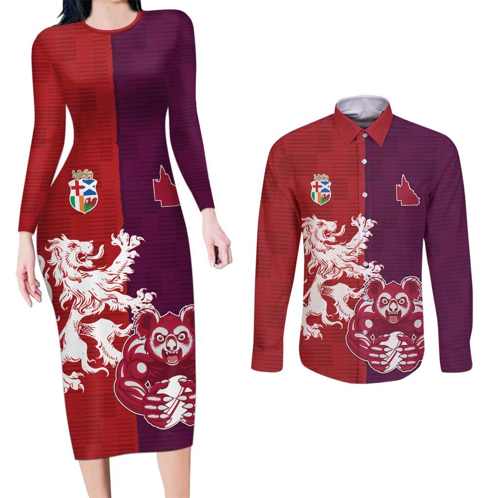 Custom British Lions Brumbies Couples Matching Long Sleeve Bodycon Dress and Long Sleeve Button Shirt Unique Style - Wonder Print Shop