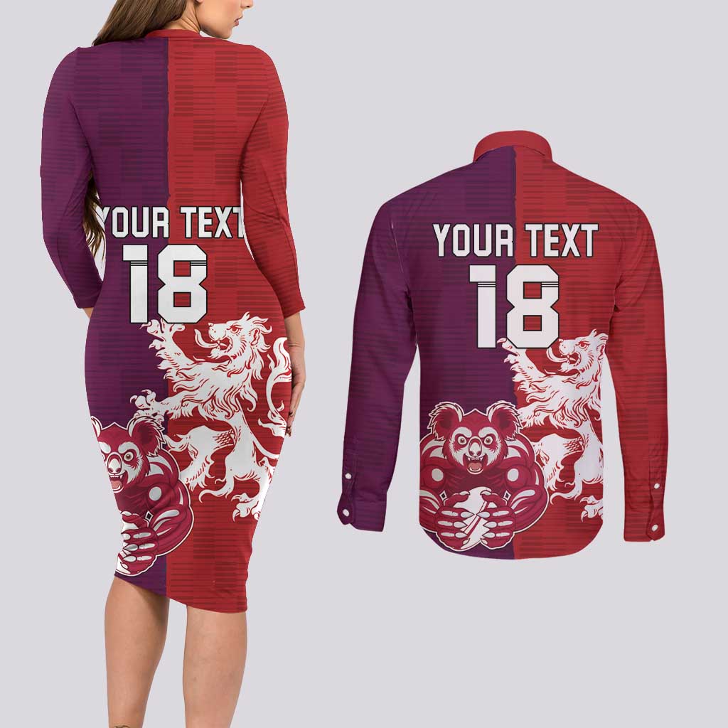Custom British Lions Brumbies Couples Matching Long Sleeve Bodycon Dress and Long Sleeve Button Shirt Unique Style - Wonder Print Shop
