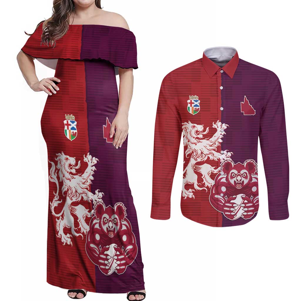 Custom British Lions Brumbies Couples Matching Off Shoulder Maxi Dress and Long Sleeve Button Shirt Unique Style - Wonder Print Shop