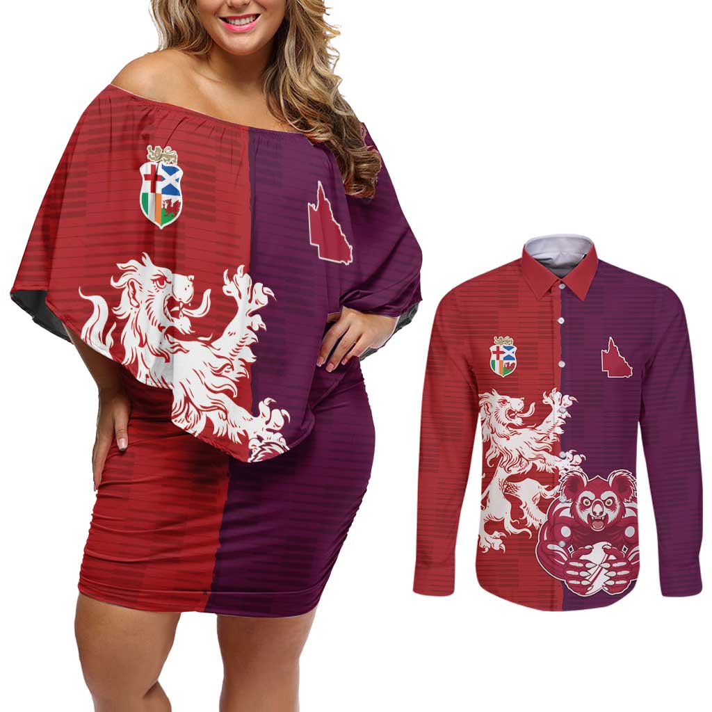 Custom British Lions Brumbies Couples Matching Off Shoulder Short Dress and Long Sleeve Button Shirt Unique Style - Wonder Print Shop