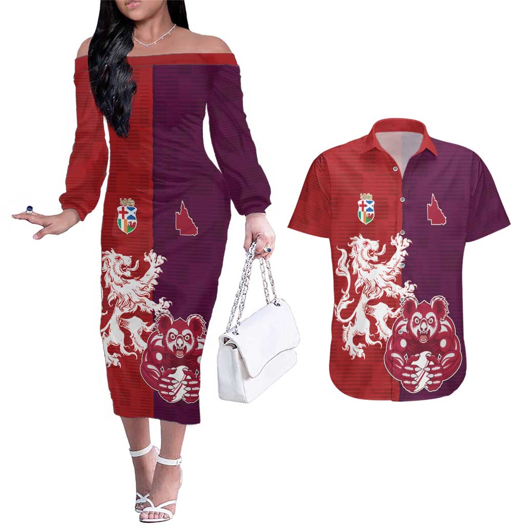 Custom British Lions Brumbies Couples Matching Off The Shoulder Long Sleeve Dress and Hawaiian Shirt Unique Style - Wonder Print Shop
