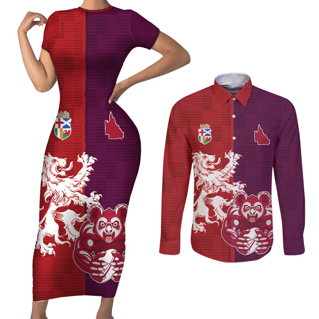 Custom British Lions Brumbies Couples Matching Short Sleeve Bodycon Dress and Long Sleeve Button Shirt Unique Style - Wonder Print Shop