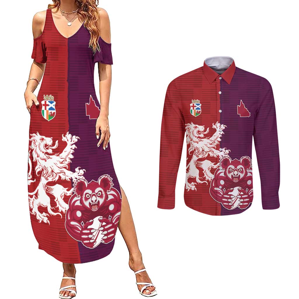 Custom British Lions Brumbies Couples Matching Summer Maxi Dress and Long Sleeve Button Shirt Unique Style - Wonder Print Shop