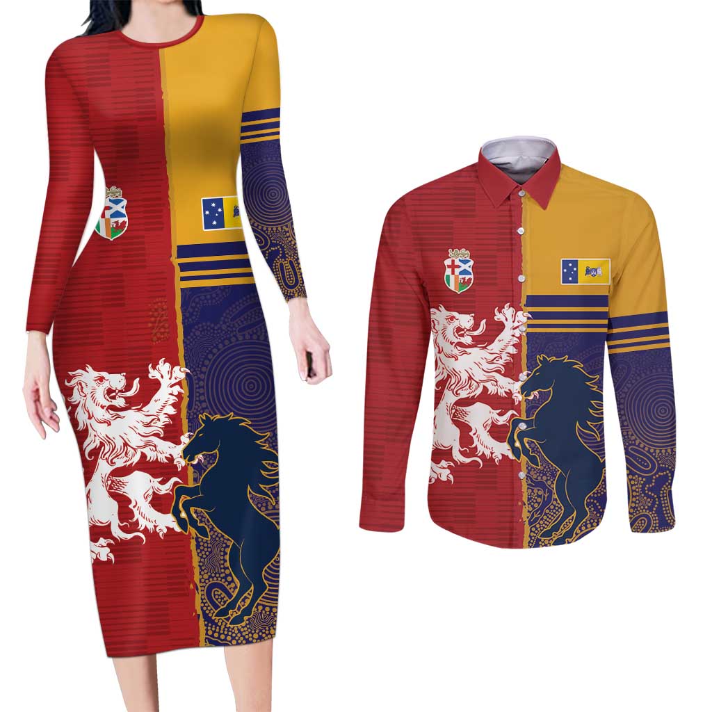 Custom British Lions Queensland Couples Matching Long Sleeve Bodycon Dress and Long Sleeve Button Shirt Unique Style - Wonder Print Shop