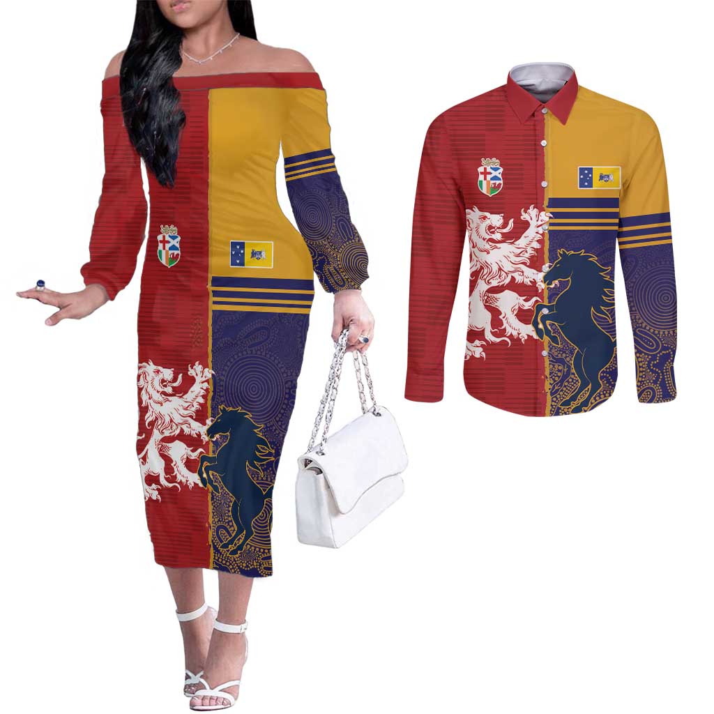 Custom British Lions Queensland Couples Matching Off The Shoulder Long Sleeve Dress and Long Sleeve Button Shirt Unique Style - Wonder Print Shop