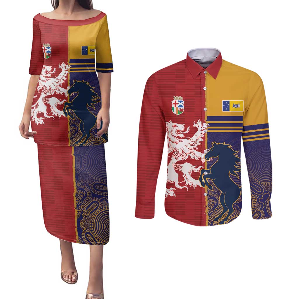 Custom British Lions Queensland Couples Matching Puletasi and Long Sleeve Button Shirt Unique Style - Wonder Print Shop