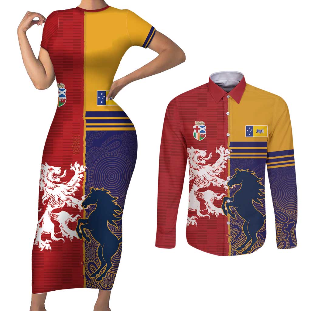 Custom British Lions Queensland Couples Matching Short Sleeve Bodycon Dress and Long Sleeve Button Shirt Unique Style - Wonder Print Shop