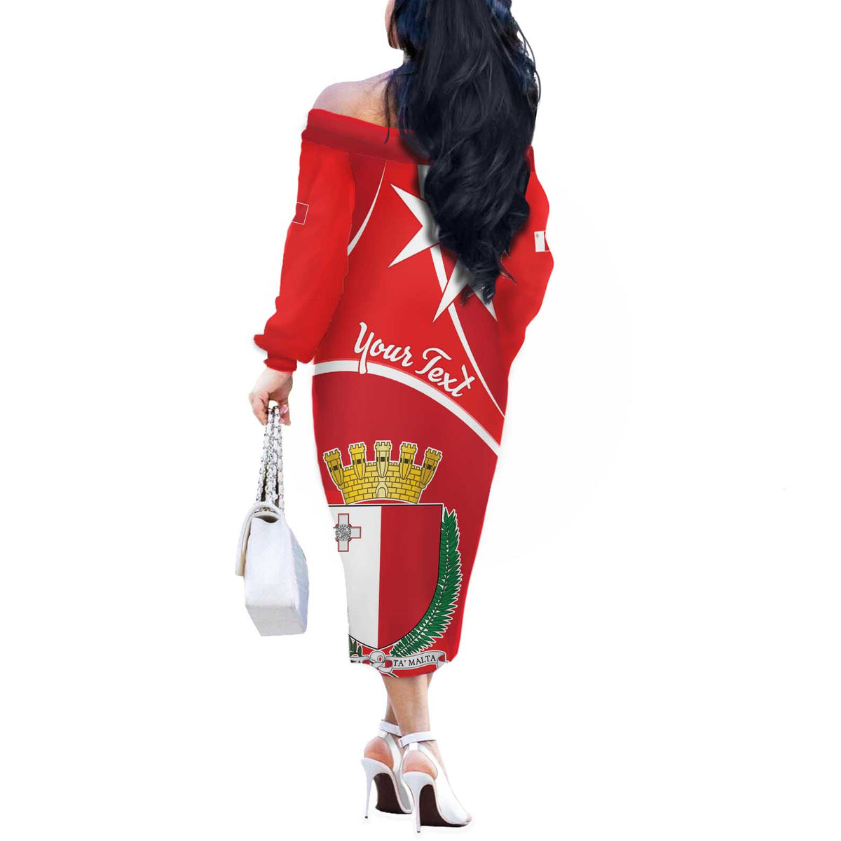 Personalized Malta Cross Coat Of Arms Off The Shoulder Long Sleeve Dress - Wonder Print Shop