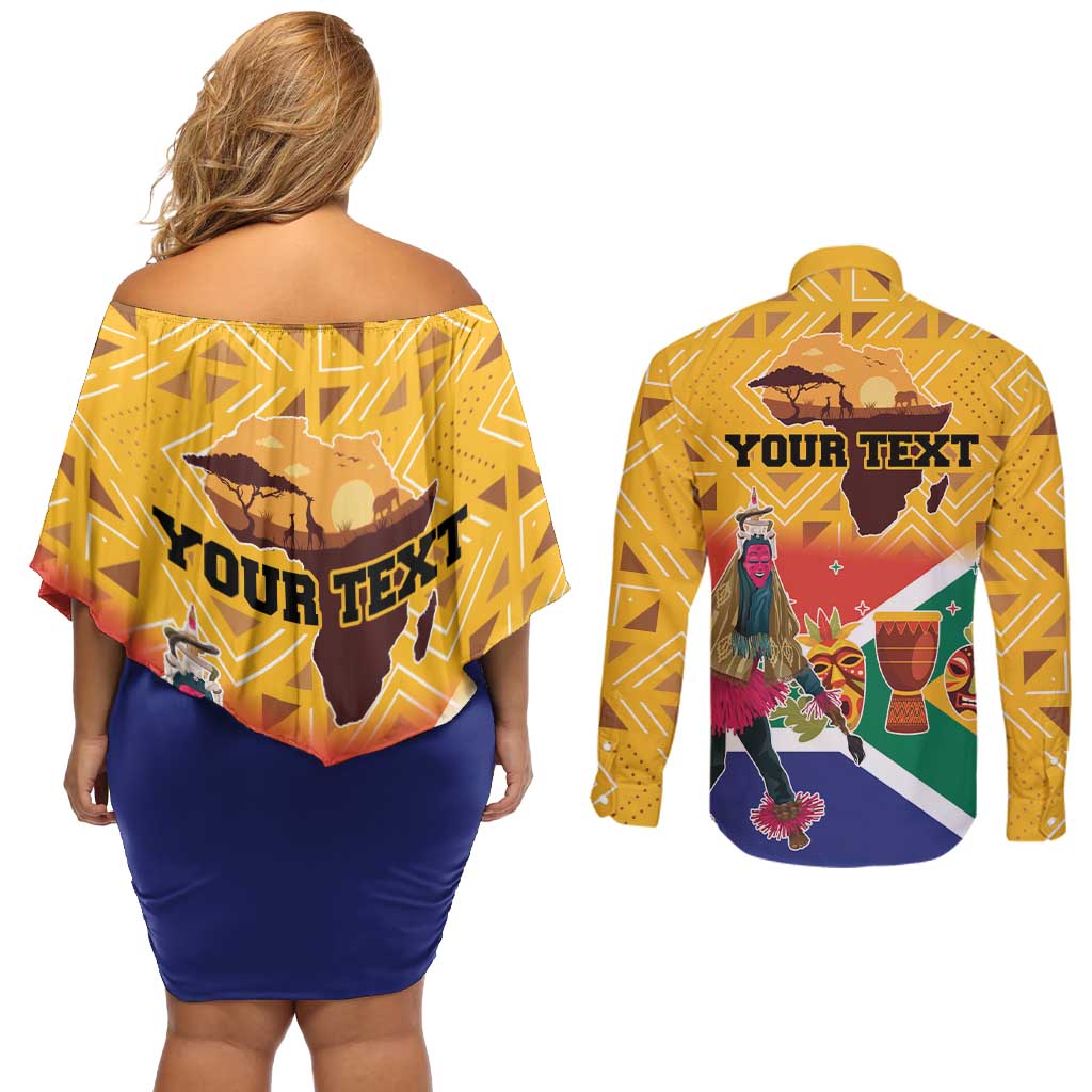 Personalized South Africa Heritage Day Couples Matching Off Shoulder Short Dress and Long Sleeve Button Shirt With Traditional Dancer - Wonder Print Shop