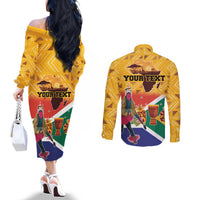 Personalized South Africa Heritage Day Couples Matching Off The Shoulder Long Sleeve Dress and Long Sleeve Button Shirt With Traditional Dancer
