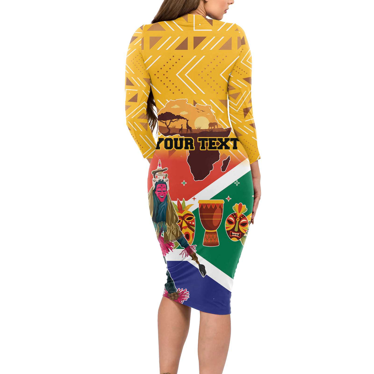 Personalized South Africa Heritage Day Long Sleeve Bodycon Dress With Traditional Dancer - Wonder Print Shop