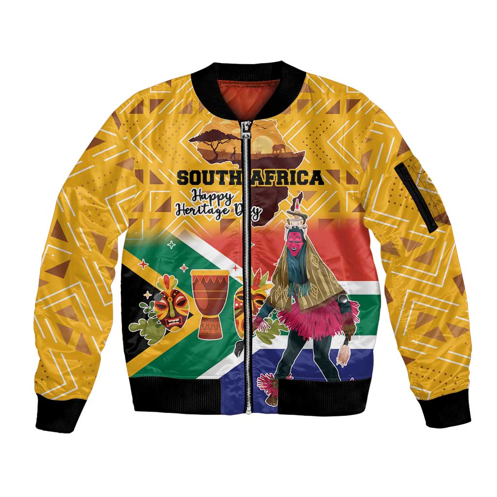 Personalized South Africa Heritage Day Sleeve Zip Bomber Jacket With Traditional Dancer - Wonder Print Shop