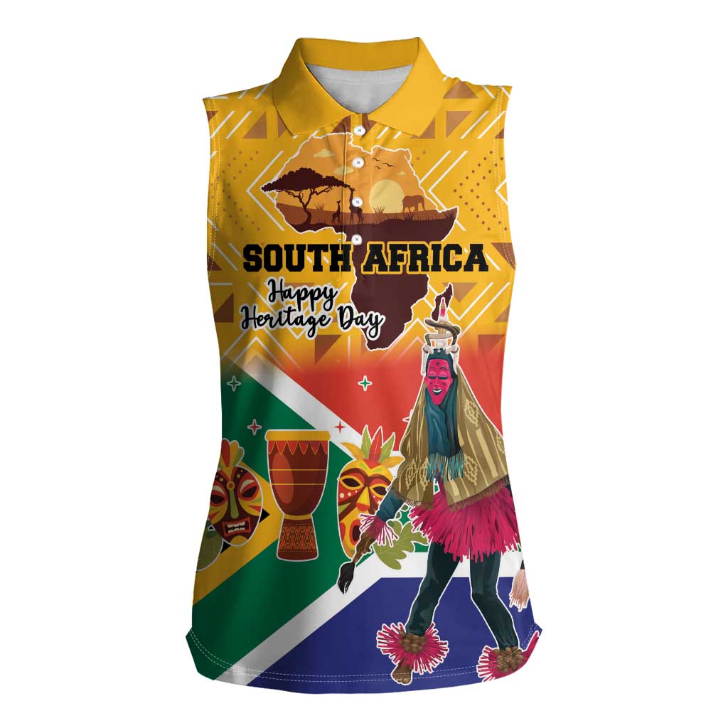 Personalized South Africa Heritage Day Women Sleeveless Polo Shirt With Traditional Dancer - Wonder Print Shop