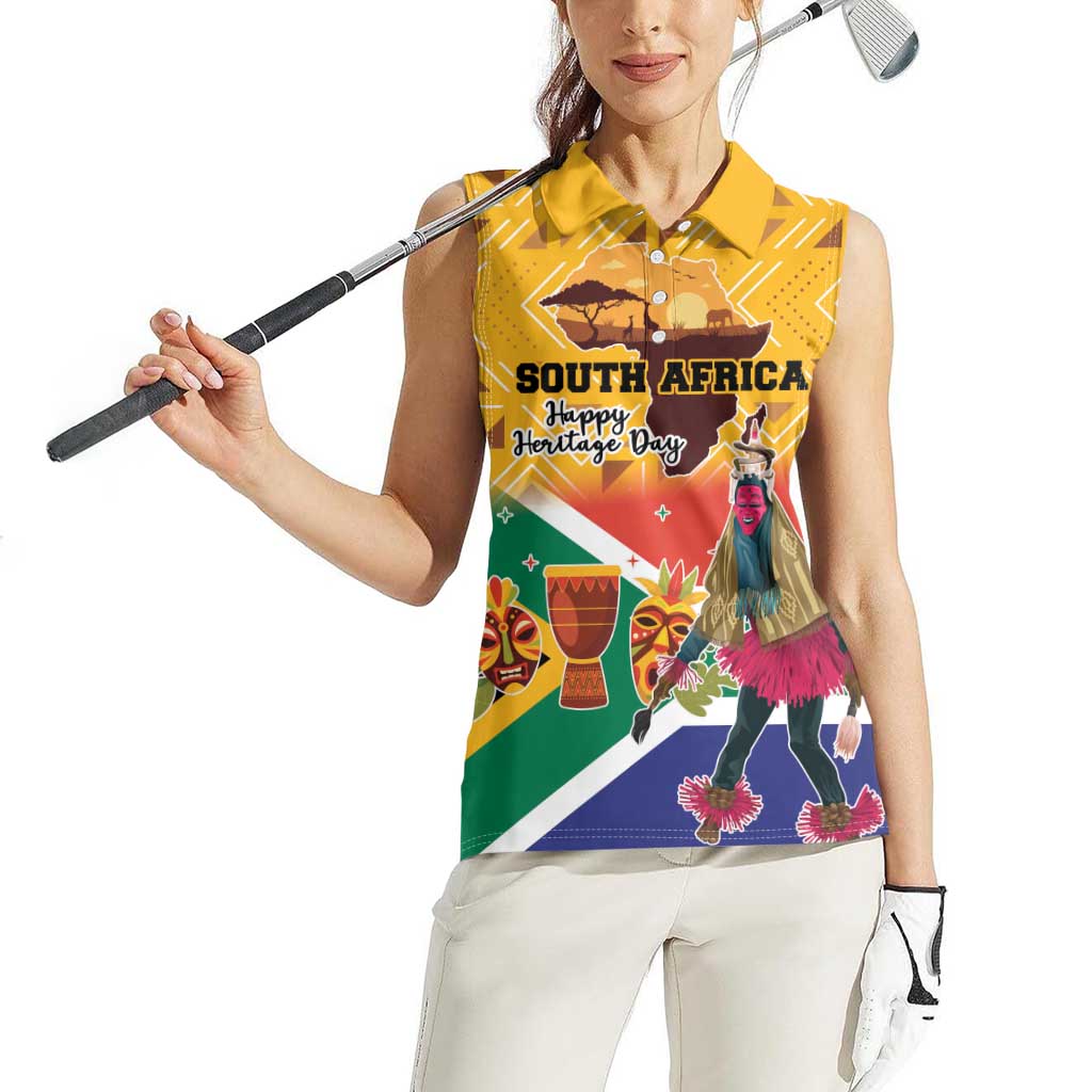 Personalized South Africa Heritage Day Women Sleeveless Polo Shirt With Traditional Dancer - Wonder Print Shop