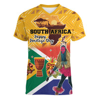 Personalized South Africa Heritage Day Women V-Neck T-Shirt With Traditional Dancer - Wonder Print Shop