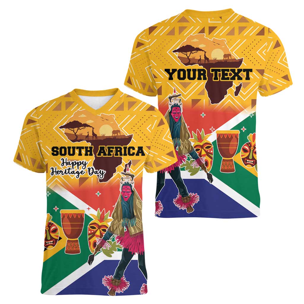 Personalized South Africa Heritage Day Women V-Neck T-Shirt With Traditional Dancer - Wonder Print Shop