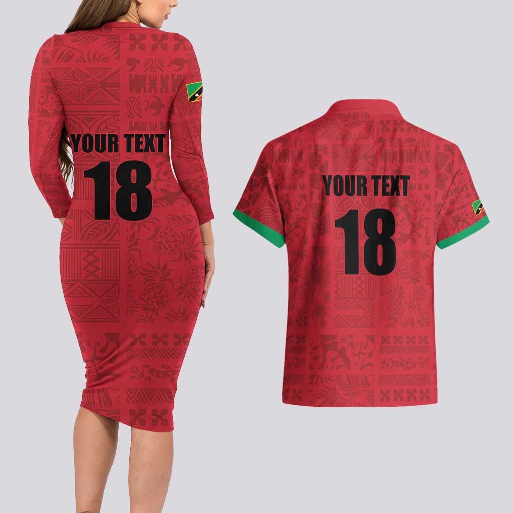 Custom Saint Kitts And Nevis Football Couples Matching Long Sleeve Bodycon Dress and Hawaiian Shirt Sugar Boyz Red Version - Wonder Print Shop