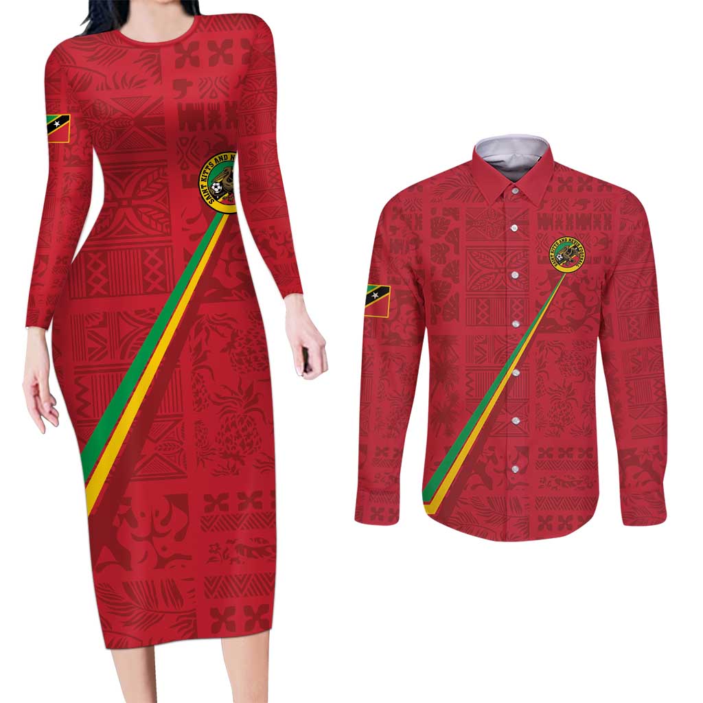 Custom Saint Kitts And Nevis Football Couples Matching Long Sleeve Bodycon Dress and Long Sleeve Button Shirt Sugar Boyz Red Version - Wonder Print Shop