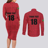 Custom Saint Kitts And Nevis Football Couples Matching Long Sleeve Bodycon Dress and Long Sleeve Button Shirt Sugar Boyz Red Version - Wonder Print Shop
