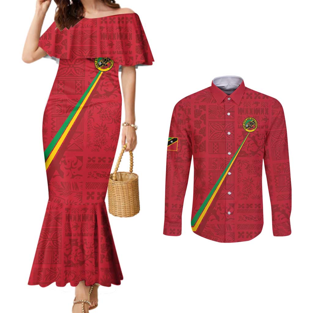 Custom Saint Kitts And Nevis Football Couples Matching Mermaid Dress and Long Sleeve Button Shirt Sugar Boyz Red Version - Wonder Print Shop