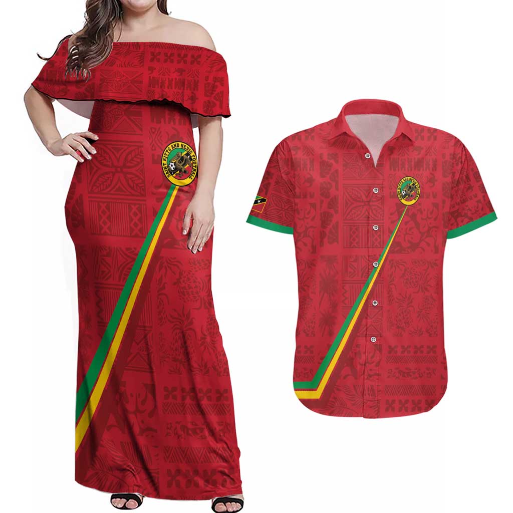 Custom Saint Kitts And Nevis Football Couples Matching Off Shoulder Maxi Dress and Hawaiian Shirt Sugar Boyz Red Version - Wonder Print Shop