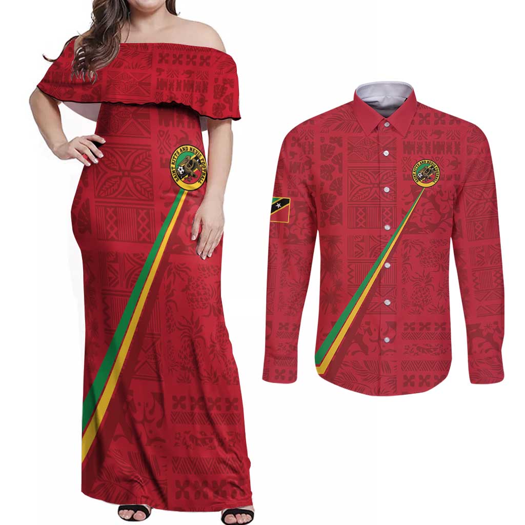 Custom Saint Kitts And Nevis Football Couples Matching Off Shoulder Maxi Dress and Long Sleeve Button Shirt Sugar Boyz Red Version - Wonder Print Shop