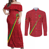 Custom Saint Kitts And Nevis Football Couples Matching Off Shoulder Maxi Dress and Long Sleeve Button Shirt Sugar Boyz Red Version - Wonder Print Shop