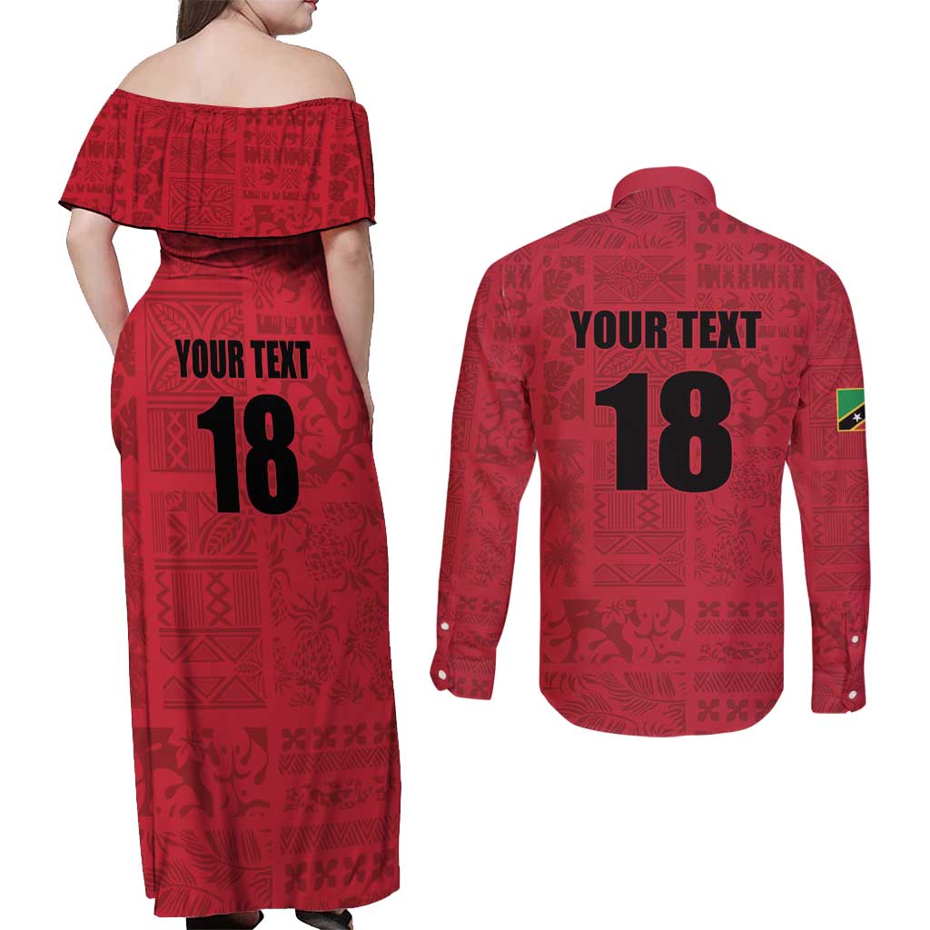 Custom Saint Kitts And Nevis Football Couples Matching Off Shoulder Maxi Dress and Long Sleeve Button Shirt Sugar Boyz Red Version - Wonder Print Shop