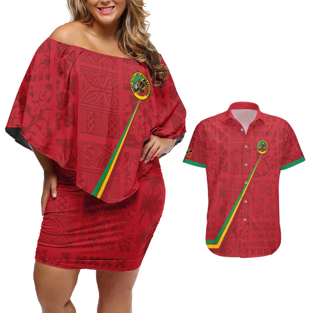 Custom Saint Kitts And Nevis Football Couples Matching Off Shoulder Short Dress and Hawaiian Shirt Sugar Boyz Red Version - Wonder Print Shop
