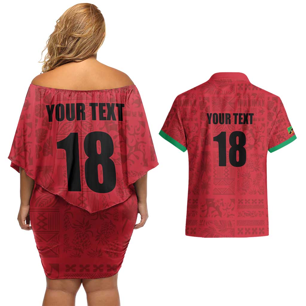 Custom Saint Kitts And Nevis Football Couples Matching Off Shoulder Short Dress and Hawaiian Shirt Sugar Boyz Red Version - Wonder Print Shop