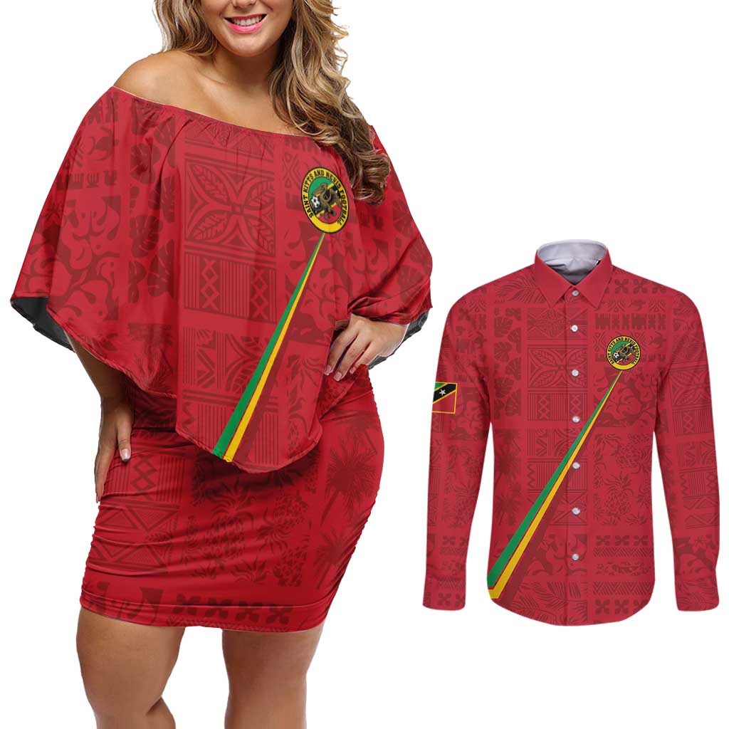 Custom Saint Kitts And Nevis Football Couples Matching Off Shoulder Short Dress and Long Sleeve Button Shirt Sugar Boyz Red Version - Wonder Print Shop