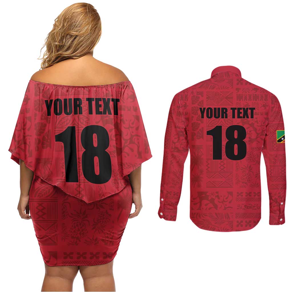 Custom Saint Kitts And Nevis Football Couples Matching Off Shoulder Short Dress and Long Sleeve Button Shirt Sugar Boyz Red Version - Wonder Print Shop