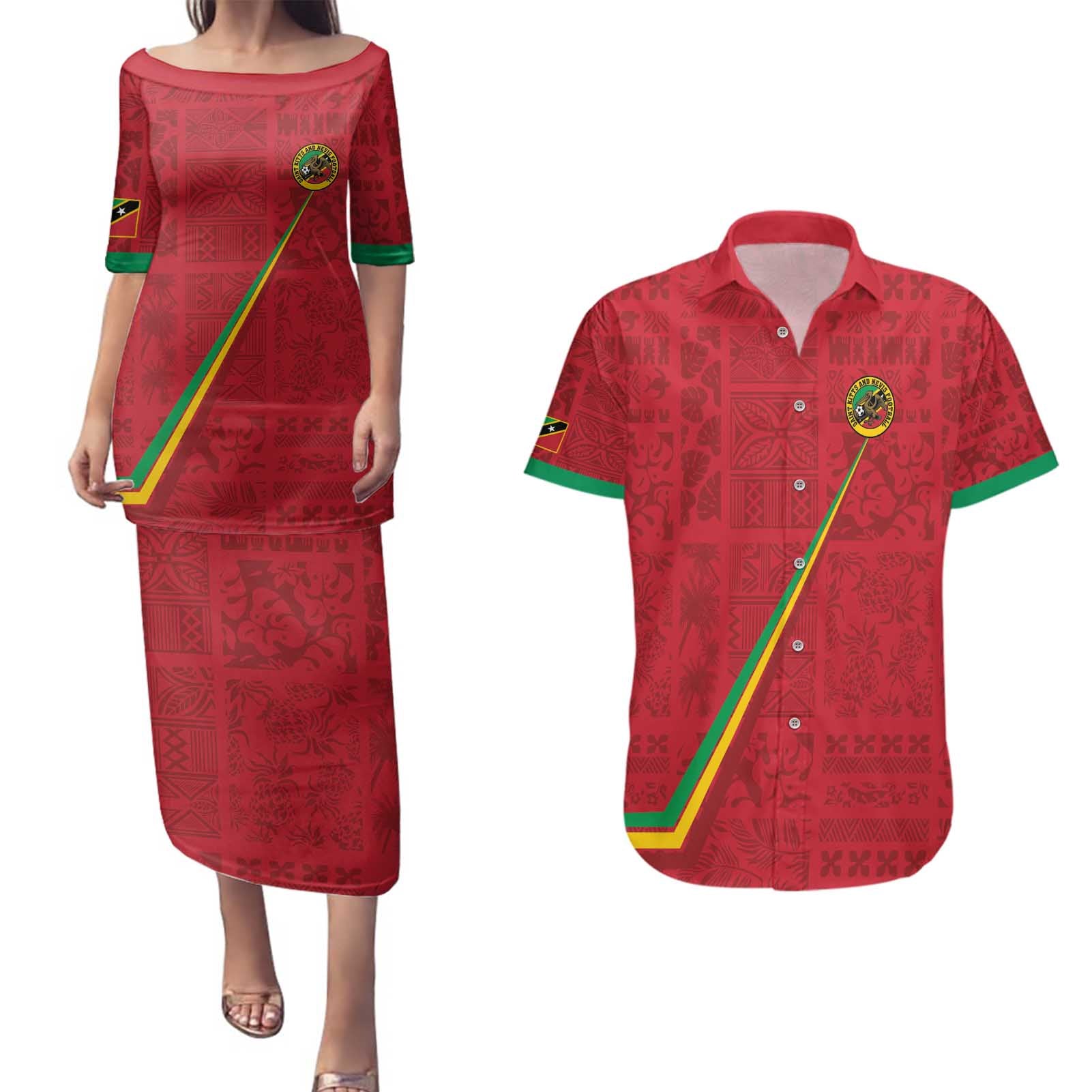 Custom Saint Kitts And Nevis Football Couples Matching Puletasi and Hawaiian Shirt Sugar Boyz Red Version - Wonder Print Shop