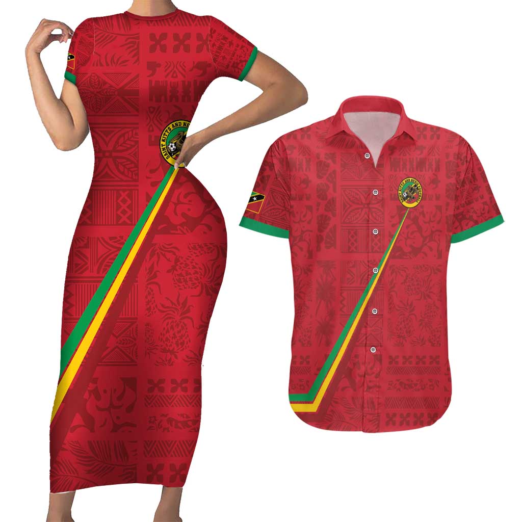 Custom Saint Kitts And Nevis Football Couples Matching Short Sleeve Bodycon Dress and Hawaiian Shirt Sugar Boyz Red Version - Wonder Print Shop