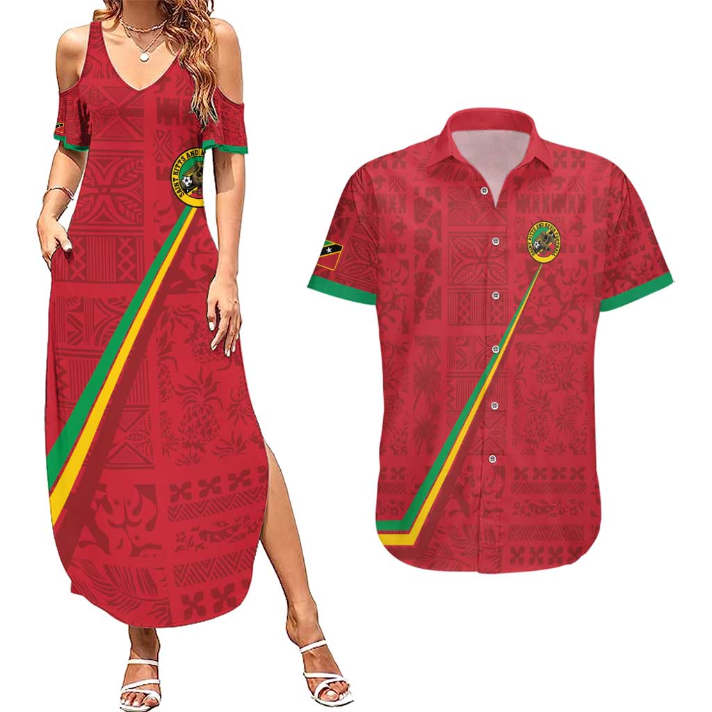 Custom Saint Kitts And Nevis Football Couples Matching Summer Maxi Dress and Hawaiian Shirt Sugar Boyz Red Version - Wonder Print Shop