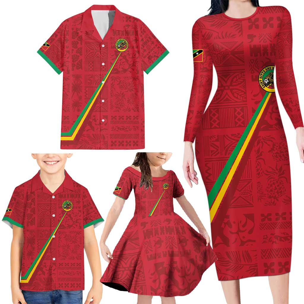 Custom Saint Kitts And Nevis Football Family Matching Long Sleeve Bodycon Dress and Hawaiian Shirt Sugar Boyz Red Version - Wonder Print Shop