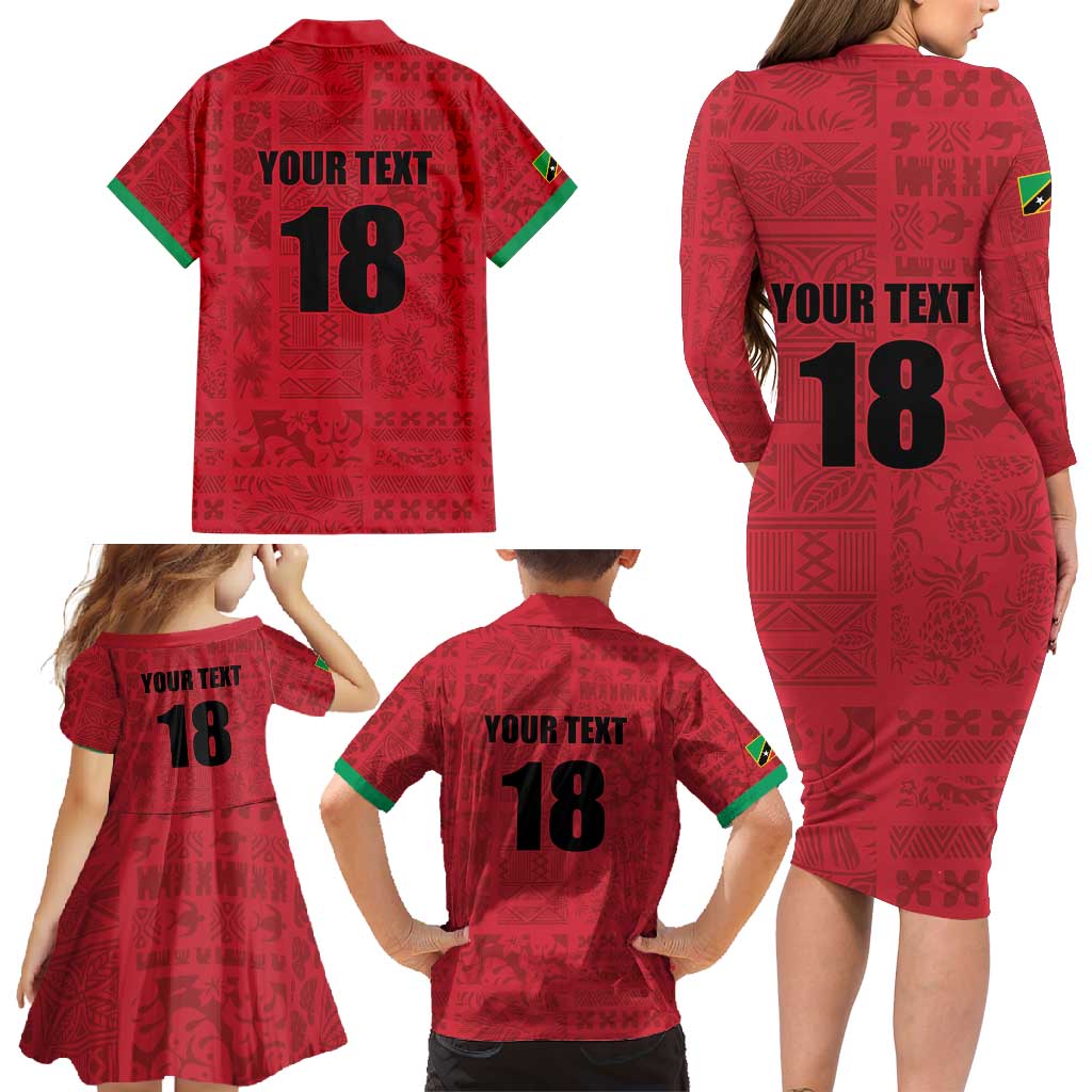 Custom Saint Kitts And Nevis Football Family Matching Long Sleeve Bodycon Dress and Hawaiian Shirt Sugar Boyz Red Version - Wonder Print Shop