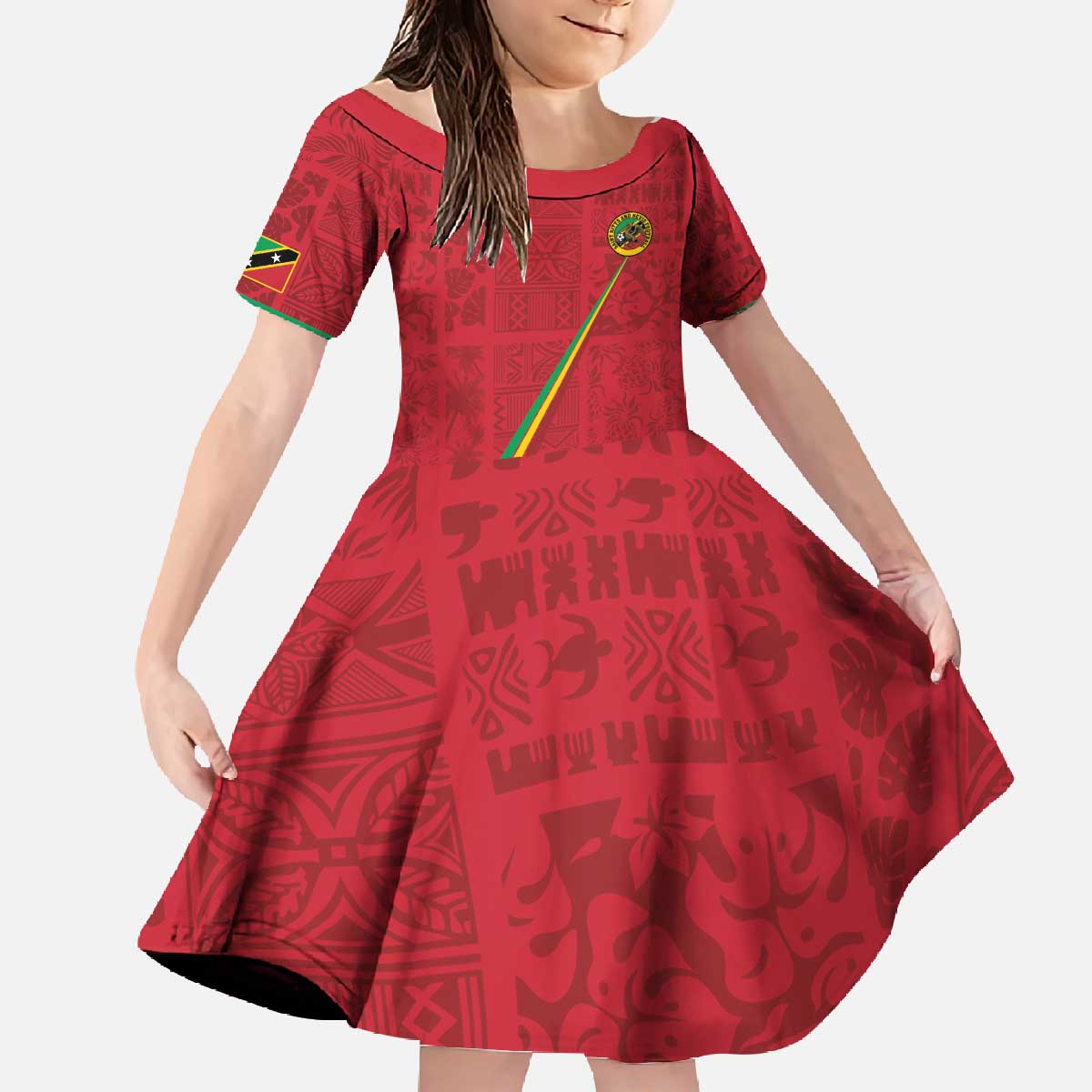 Custom Saint Kitts And Nevis Football Family Matching Off The Shoulder Long Sleeve Dress and Hawaiian Shirt Sugar Boyz Red Version - Wonder Print Shop