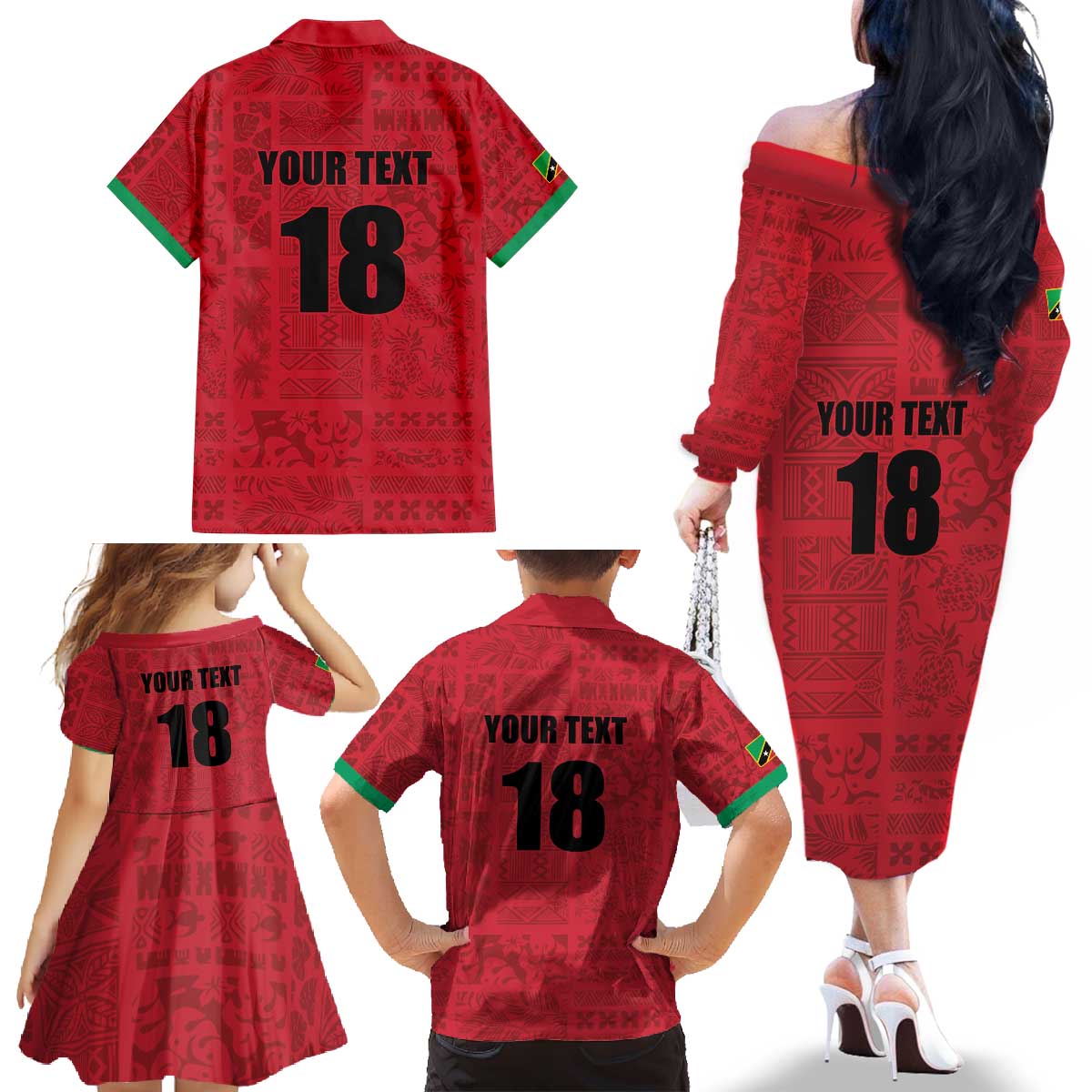 Custom Saint Kitts And Nevis Football Family Matching Off The Shoulder Long Sleeve Dress and Hawaiian Shirt Sugar Boyz Red Version - Wonder Print Shop